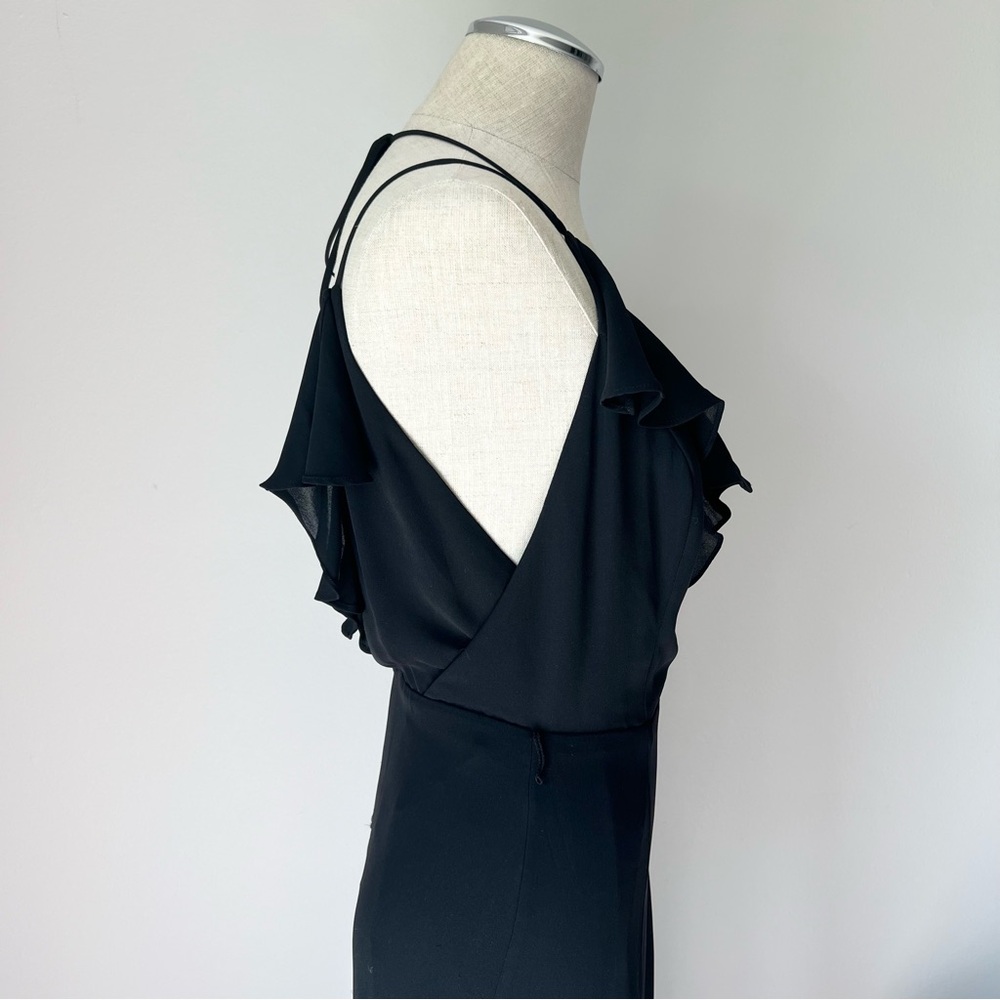 Bebe ruffle front double slit black gown